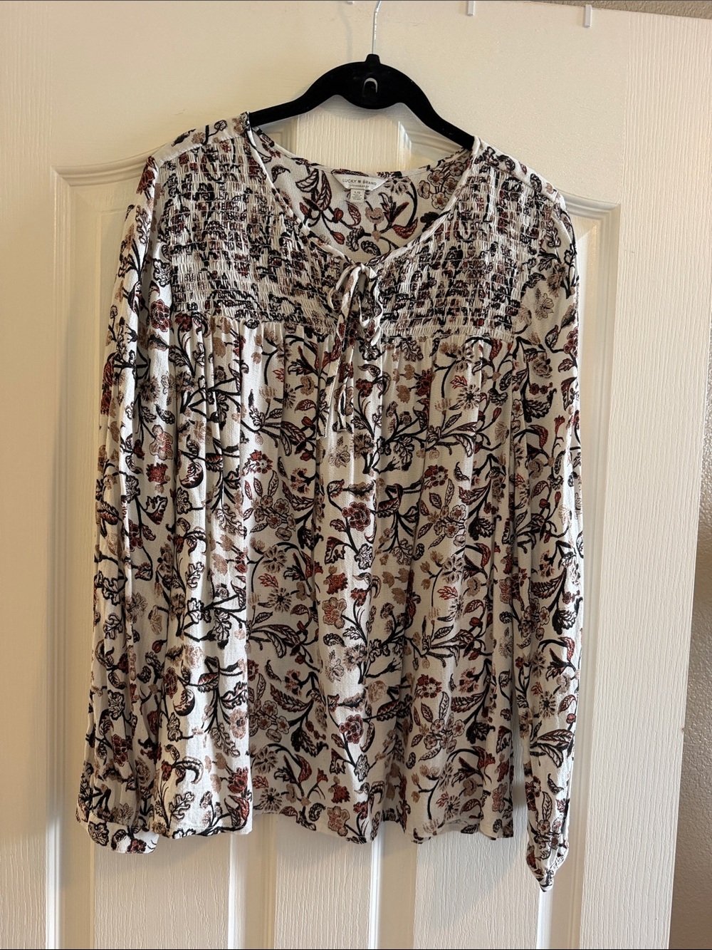 Lucky Brand Boho Floral Smocked Yoke Long-Sleeve Top - Cream Multi